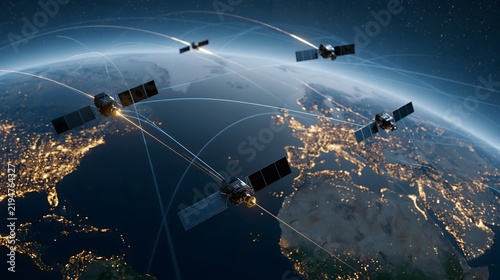 global satellite communications concept viewed from space, Earth at night with illuminated cities and multiple satellites positioned above the atmosphere, subtle orbital communication pathways,