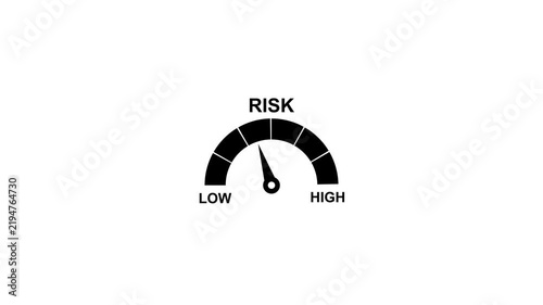 Risk assessment gauge animation: financial market volatility and business uncertainty indicator meter