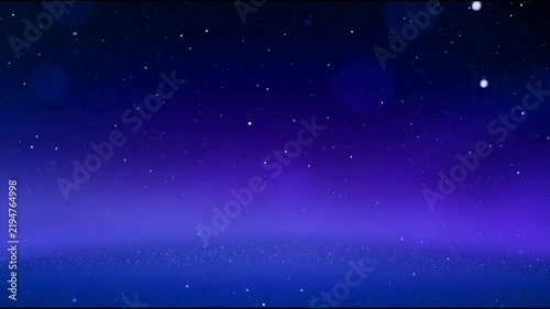 A gradient space scene shifting from dark blue to purple features randomly falling glitter and snowflakes drifting through the frame, New Year and Christmas themed animated video.
