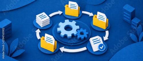 Isometric circular workflow with documents and folders powered by blue cardstock layers and yellow highlights