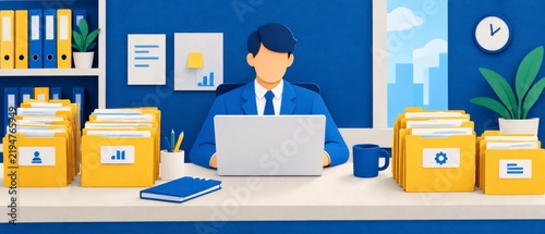 Professional office scene featuring a person at a laptop with yellow folders and filing stacks for records management