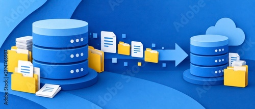 Data backup and storage with layered database disks and a bold left to right arrow