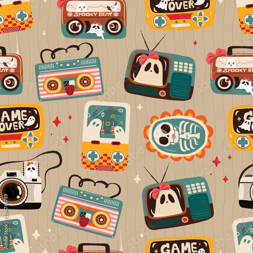 Vintage Halloween Retro Seamless Pattern with Ghosts Game, Consoles Cameras, Radio, Television and Cassette Players