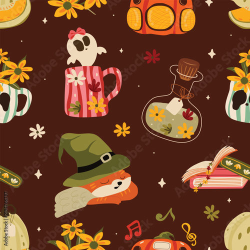 Dark Brown Halloween Seamless Pattern with Ghosts Witch Hats Flowers and Retro Vintage Objects