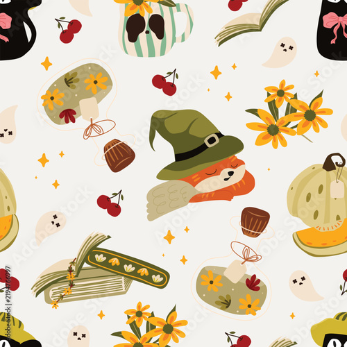 Cute Halloween Vintage Seamless Pattern with Ghosts Witch Hats Flowers Cherries and Books