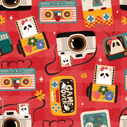 Red Retro Halloween Seamless Pattern with Ghosts Vintage Cameras Game Consoles and Cassette Tapes