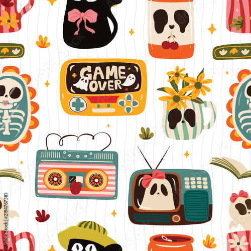 90s Halloween Seamless Pattern with Ghosts Retro Games Flowers and Vintage Electronics