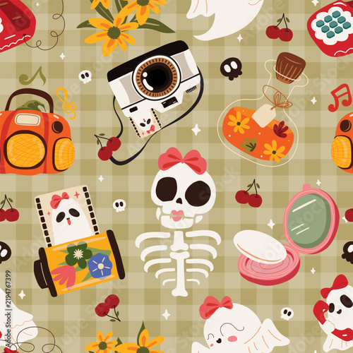 Vintage Halloween Seamless Pattern with Ghosts Skeletons Cameras Cassette Tapes and Floral Elements