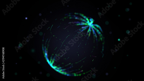 Abstract technology 3D sphere grid with color dots and  lines on dark in defocus. Concept glowing globe for science, nanotechnology or research.