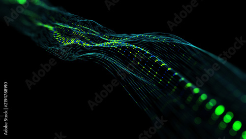 Abstract futuristic blue lines and particles in way. Glowing dots on lines in cyberspace defocus. 5G. Futuristic big data streaming in flowing inside of optical way.
