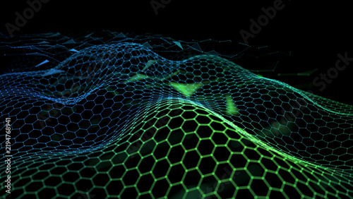 Digital abstract background with color hexagonal grid wavy on cyberspace dark. Concept for technology data intelligence, medicine, network, design and security.