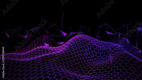 Abstract background with color hexagonal grid wavy on cyberspacevblack. Concept for technology data intelligence, medicine, network and security.