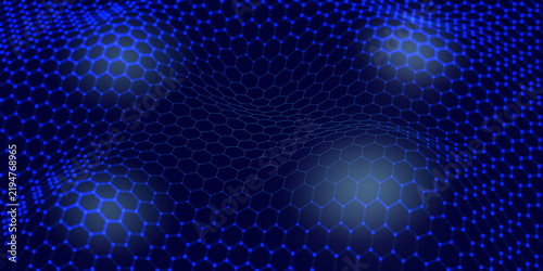 Background hexagonal  blue wavy grid with dots on blue defocus. Concept for cyber, security and tech.