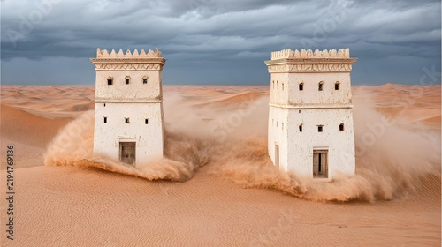 fortress surrounded by rolling dunes at sunset, weathered towers casting long shadows, airborne sand creating atmospheric layers, dramatic golden light, cinematic historical adventure aesthetic
