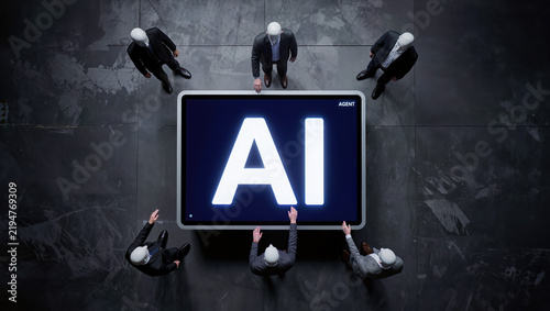 Artificial intelligence agent concept with business team around digital display
