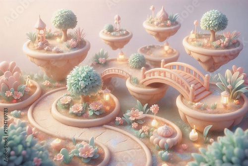 Pastel anime-inspired floating confectionery garden with curved paths