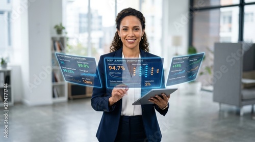 Professional reviewing ai analytics dashboard in modern office