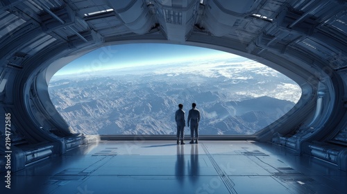 Two figures gaze out a spacecraft's window at Earth from orbit, mountains and clouds below. Futuristic interior