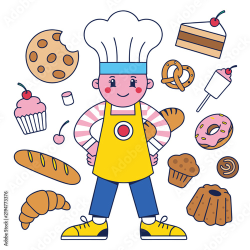 Cartoon Baker Holding a Loaf of Bread, Happy Chef in Bakery Uniform with Fresh Bread, Fun Food and Bakery Vector Illustration for Restaurant and Cafe Design