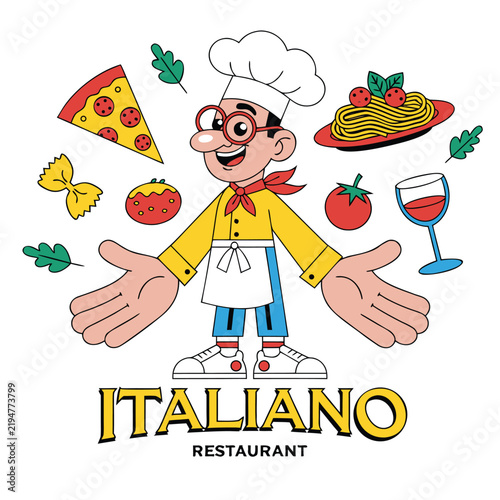 Happy Cartoon Chef Holding Pizza in Restaurant Kitchen, Italian Cook with Pizza Plate, Fun Food Service Vector Illustration for Pizzeria Menu and Gourmet Dining Design