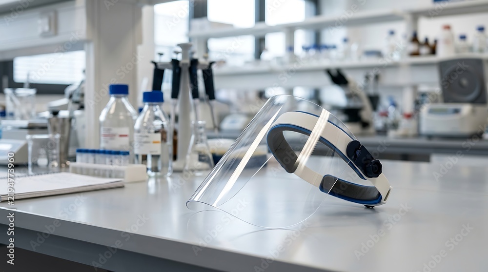 Fototapeta premium Clear face shield resting on a laboratory workbench surrounded by scientific equipment and reagent bottles