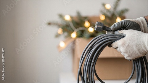 Worker holding coiled power cord near holiday lights