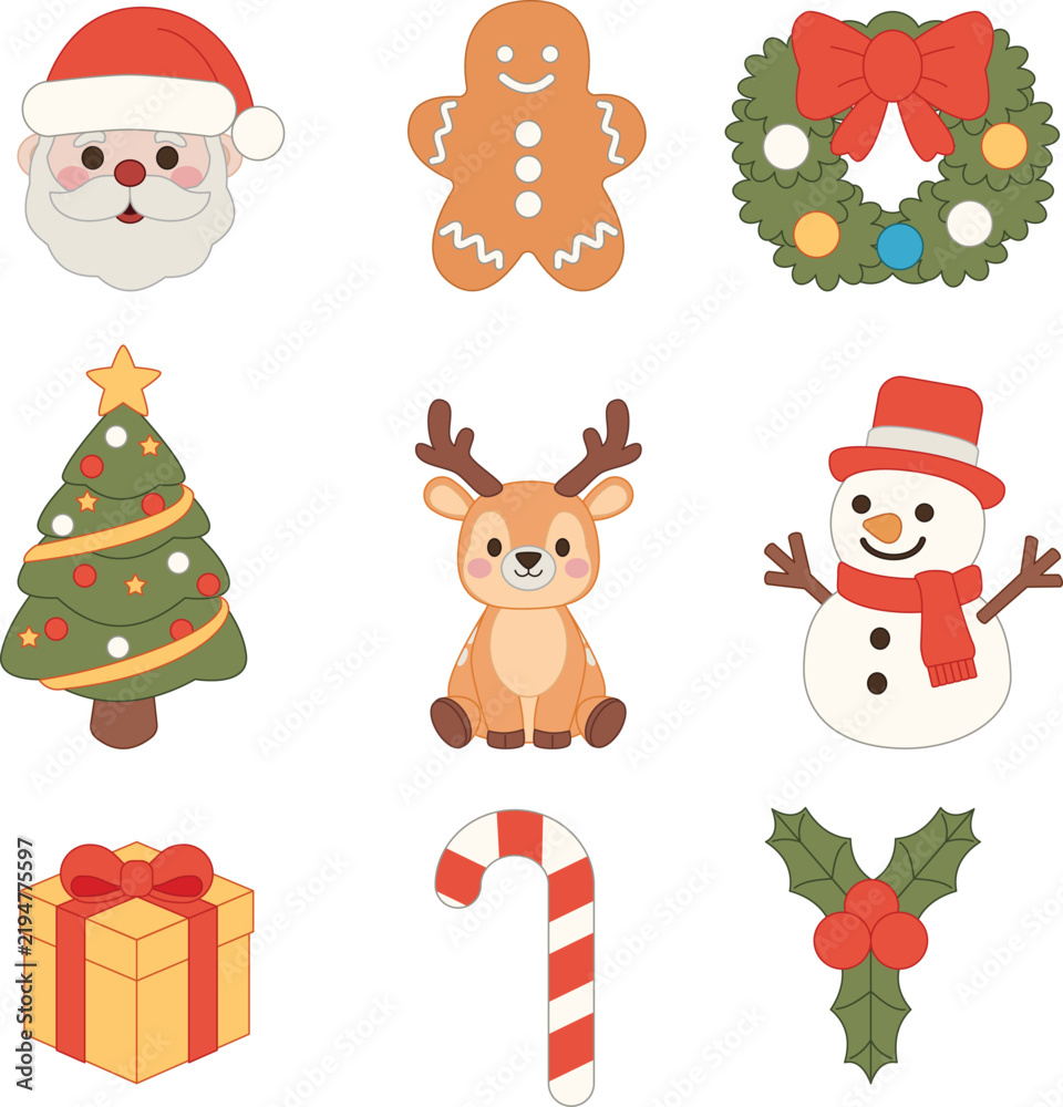 Fototapeta premium Cute Christmas Holiday Characters and Festive Decorations Collection