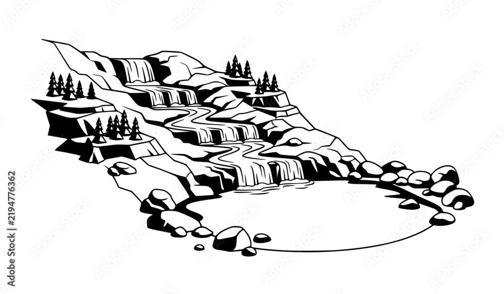 Obraz premium Stylized monochrome stepped waterfall landscape with rocks and pine trees vector