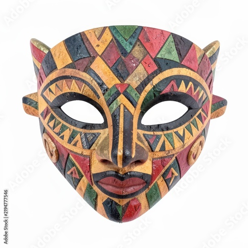Carnival mask with african tribal inspiration featuring geometric patterns and earth colors on white background