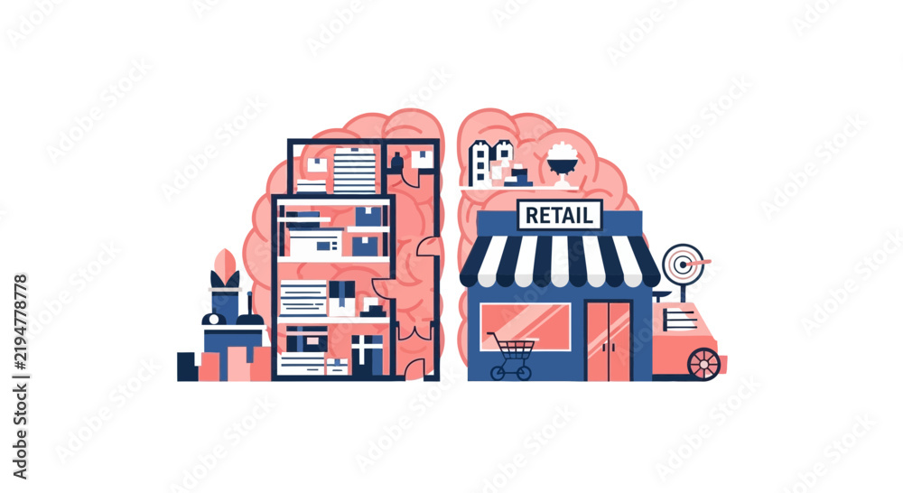 Obraz premium Retail Business Psychology and Logistics Concept Flat Vector Illustration