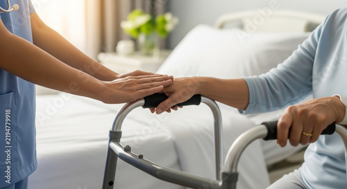 Healthcare worker supporting elderly patient using walking frame perfect for professional senior mobility assistance and compassionate nursing care