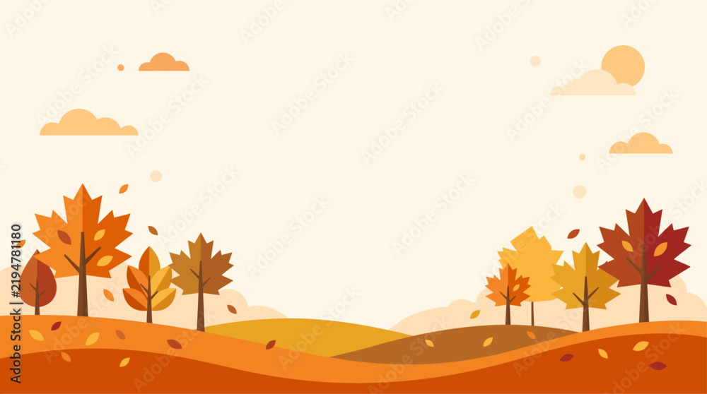Fototapeta premium A vibrant and stylized autumn landscape illustration featuring colorful fall trees, falling leaves, rolling hills, and a warm sky, depicting the beauty of the season.