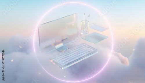 Modern workspace with computer monitor keyboard and desk accessories floating in the sky