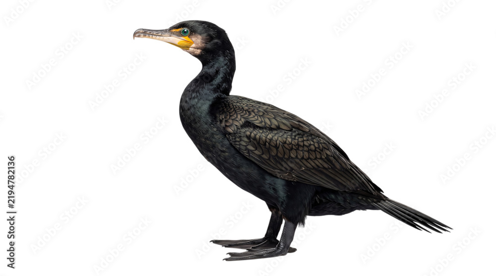 Fototapeta premium Black cormorant bird standing in profile with isolated on png transparent background