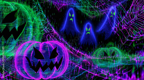 Glitch Halloween background with glowing pumpkins and ghosts  