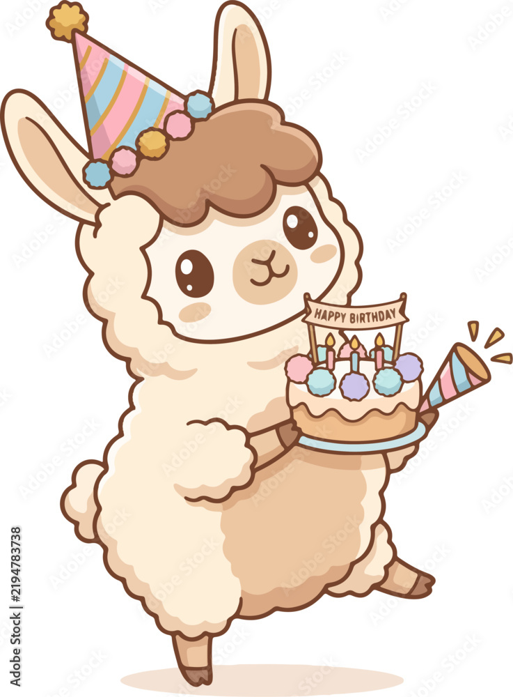 Obraz premium Cute Kawaii Alpaca Llama Wearing Party Hat Holding Birthday Cake