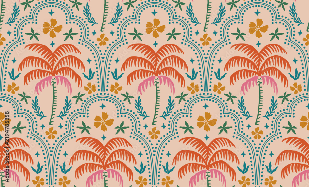 Fototapeta premium Hand drawn palm tree damask seamless pattern. Hawaiian print, summer holiday background in vintage style. Tropical plant painting. Design for fabric, textile, wallpaper and decoration.