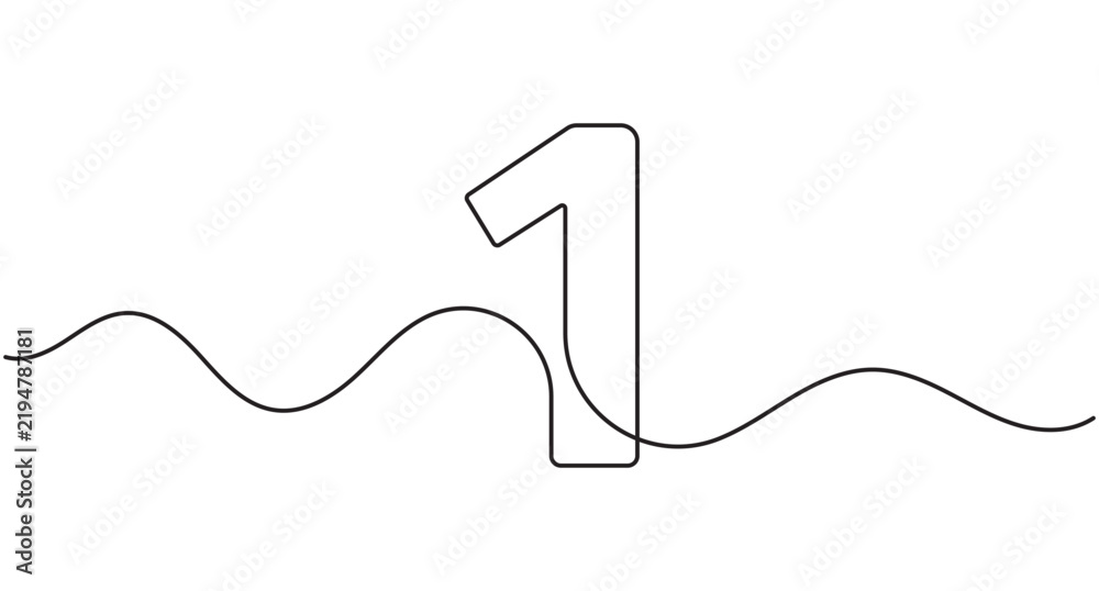 Obraz premium Number one continuous line art, single line design with waves, editable stroke minimal outline vector illustration