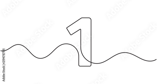 Number one continuous line art, single line design with waves, editable stroke minimal outline vector illustration