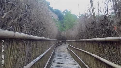 Walking on a wooden path surrounded by bamboo fence in nature