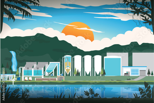 water treatment plant, clarifier water plant in landscape graphic