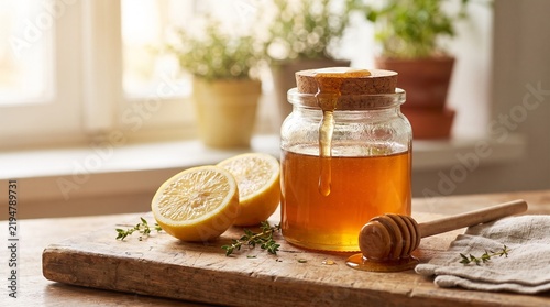 Natural Honey Jar with Lemon and Fresh Herbs