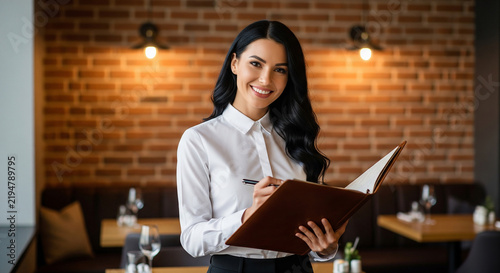 Cheerful female restaurant manager holding a menu folder perfectly welcoming guests for an exceptional dining and hospitality experience