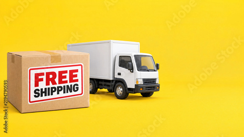 Cardboard box with a FREE SHIPPING label next to a white delivery truck on bright yellow