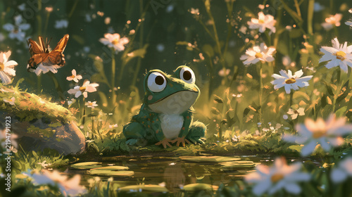 Little frog sitting beside a tiny pond in a wildflower meadow, butterflies and daisies surrounding it