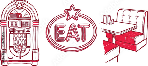 Retro diner jukebox eat sign and booth seating set for classic restaurant themes.