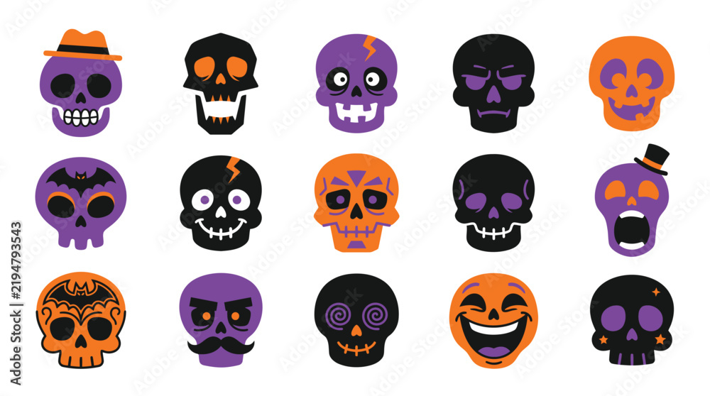 Fototapeta premium Spooky halloween skulls collection with hats and mustaches vector
