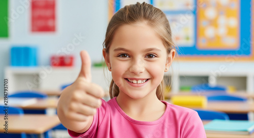 Happy beautiful schoolgirl approving with thumbs up in vibrant classroom perfect for outstanding primary education and brilliant childhood success