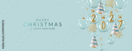 Christmas and New Year background with transparent glass balls and numbers 2027	