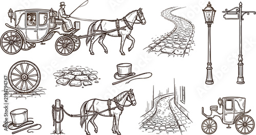 Vintage carriage and cobblestone street elements for historical town scene design.